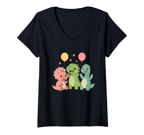Damen Prähistorische Kumpel-Party. Niedliche Kawaii-Dino-Freunde T-Shirt mit V-Ausschnitt von Cute Animal by Lumi Art