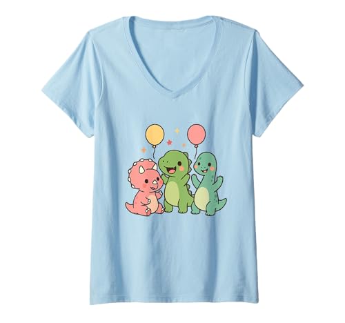 Damen Prähistorische Kumpel-Party. Niedliche Kawaii-Dino-Freunde T-Shirt mit V-Ausschnitt von Cute Animal by Lumi Art