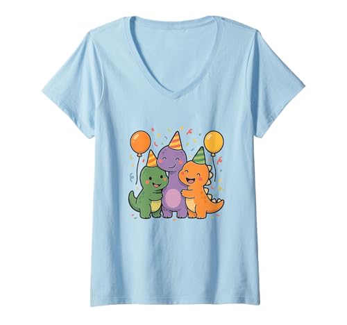 Damen Prähistorische Kumpel-Party. Niedliche Kawaii-Dino-Freunde T-Shirt mit V-Ausschnitt von Cute Animal by Lumi Art