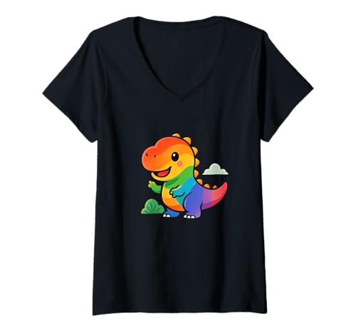 Damen Rainbow Dino Adventure Niedlicher Kawaii Dinosaurier T-Shirt mit V-Ausschnitt von Cute Animal by Lumi Art