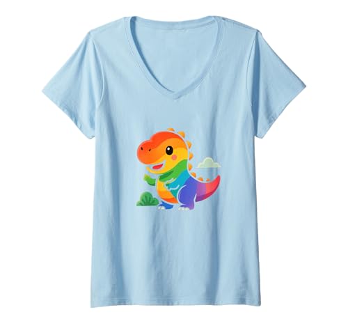 Damen Rainbow Dino Adventure Niedlicher Kawaii Dinosaurier T-Shirt mit V-Ausschnitt von Cute Animal by Lumi Art