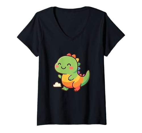 Damen Rainbow Dino Adventure Niedlicher Kawaii Dinosaurier T-Shirt mit V-Ausschnitt von Cute Animal by Lumi Art