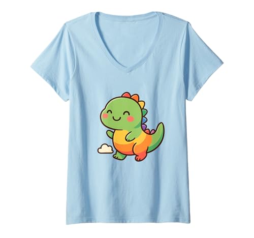 Damen Rainbow Dino Adventure Niedlicher Kawaii Dinosaurier T-Shirt mit V-Ausschnitt von Cute Animal by Lumi Art
