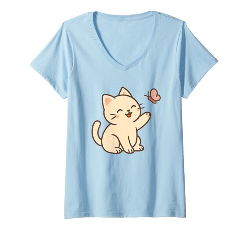 Damen Schmetterling Kawaii Katze Zeichnung Niedliche Tierkunst T-Shirt mit V-Ausschnitt von Cute Animal by Lumi Art