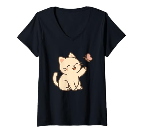 Damen Schmetterling Kawaii Katze Zeichnung Niedliche Tierkunst T-Shirt mit V-Ausschnitt von Cute Animal by Lumi Art