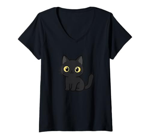 Damen Schwarze Kawaii-Katzen-Zeichnung Niedliches Tier-Kunstwerk T-Shirt mit V-Ausschnitt von Cute Animal by Lumi Art