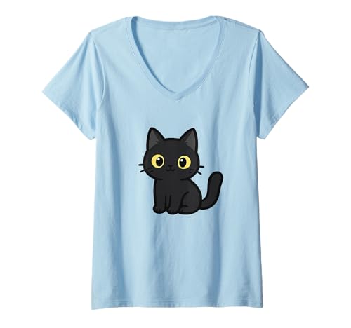 Damen Schwarze Kawaii-Katzen-Zeichnung Niedliches Tier-Kunstwerk T-Shirt mit V-Ausschnitt von Cute Animal by Lumi Art
