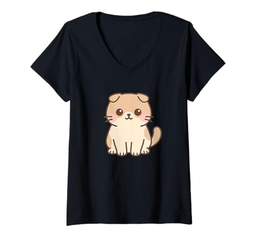 Damen Scottish Fold Kawaii Cat Zeichnung Niedliches Tier-Kunstwerk T-Shirt mit V-Ausschnitt von Cute Animal by Lumi Art