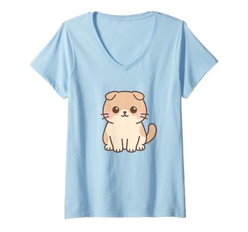 Damen Scottish Fold Kawaii Cat Zeichnung Niedliches Tier-Kunstwerk T-Shirt mit V-Ausschnitt von Cute Animal by Lumi Art