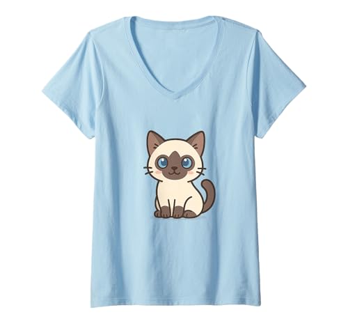 Damen Siamesische Kawaii-Katzen-Zeichnung Niedliches Tier-Kunstwerk T-Shirt mit V-Ausschnitt von Cute Animal by Lumi Art