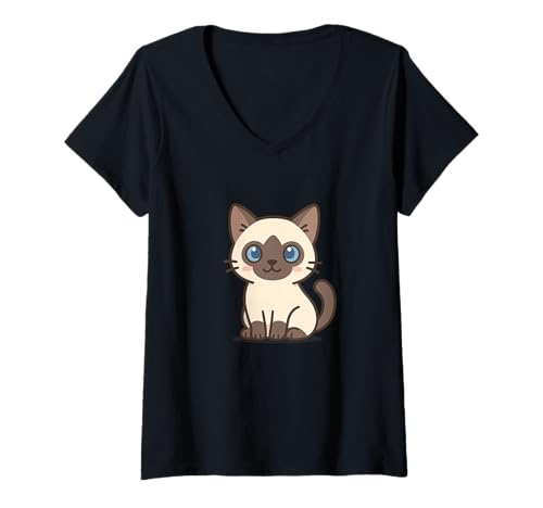 Damen Siamesische Kawaii-Katzen-Zeichnung Niedliches Tier-Kunstwerk T-Shirt mit V-Ausschnitt von Cute Animal by Lumi Art