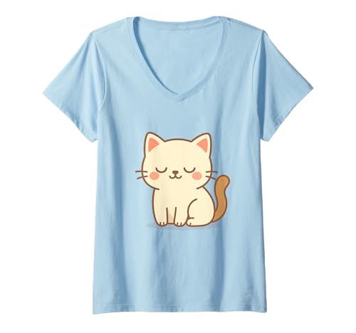 Damen Sleepy Kawaii Cat Illustration. Niedliche Tierkunst. T-Shirt mit V-Ausschnitt von Cute Animal by Lumi Art