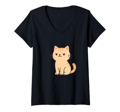 Damen Stolze Kawaii Katze Zeichnung Selbstbewusste Haustierkunst T-Shirt mit V-Ausschnitt von Cute Animal by Lumi Art