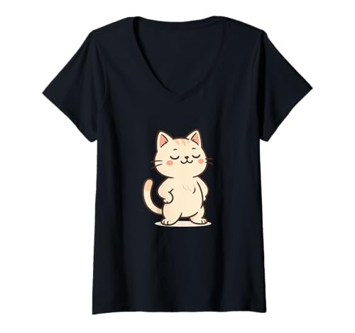 Damen Stolze Kawaii-Katzen-Zeichnung Niedliches Tier-Kunstwerk. T-Shirt mit V-Ausschnitt von Cute Animal by Lumi Art