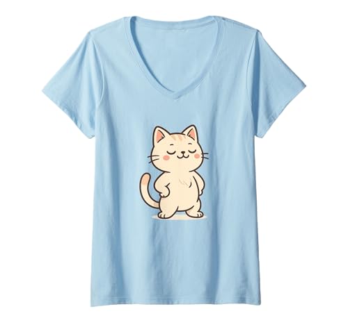 Damen Stolze Kawaii-Katzen-Zeichnung Niedliches Tier-Kunstwerk. T-Shirt mit V-Ausschnitt von Cute Animal by Lumi Art