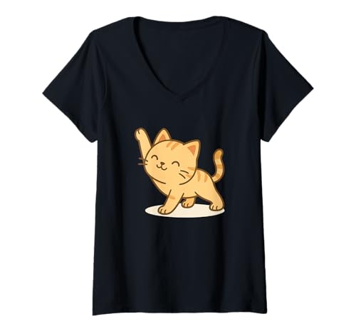Damen Stretching Kawaii Katze Süße Pre-Workout Katze T-Shirt mit V-Ausschnitt von Cute Animal by Lumi Art