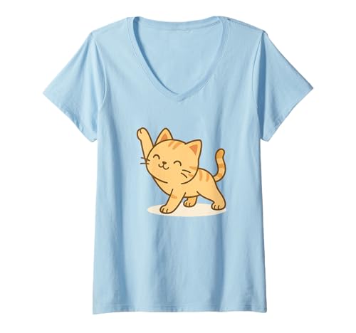 Damen Stretching Kawaii Katze Süße Pre-Workout Katze T-Shirt mit V-Ausschnitt von Cute Animal by Lumi Art