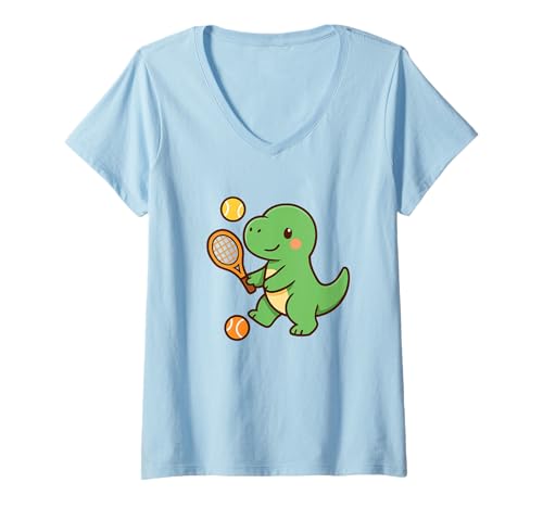 Damen Tennis Dino Serve Cute Kawaii Dino, Sport T-Shirt mit V-Ausschnitt von Cute Animal by Lumi Art
