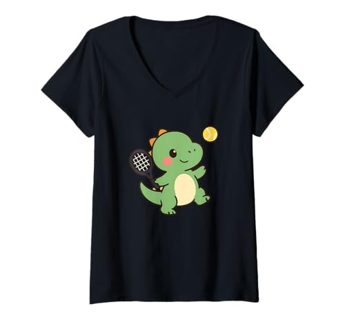 Damen Tennis Dino Serve Cute Kawaii Dino, Sport T-Shirt mit V-Ausschnitt von Cute Animal by Lumi Art