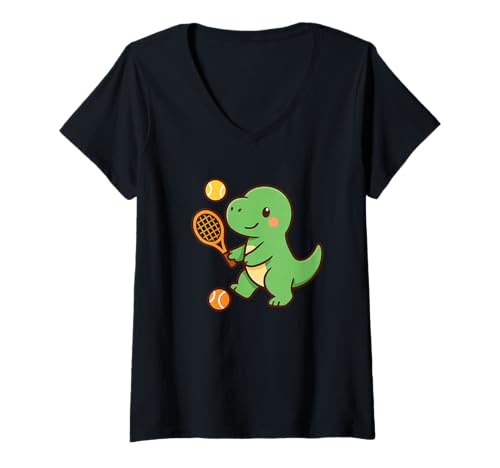 Damen Tennis Dino Serve Cute Kawaii Dino, Sport T-Shirt mit V-Ausschnitt von Cute Animal by Lumi Art