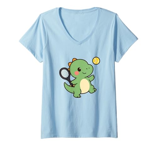 Damen Tennis Dino Serve Cute Kawaii Dino, Sport T-Shirt mit V-Ausschnitt von Cute Animal by Lumi Art