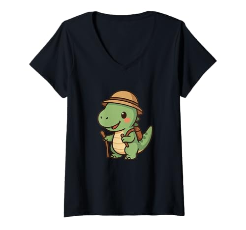 Damen Tiny Raptor Explorer Niedliches Kawaii Dino-Abenteuer T-Shirt mit V-Ausschnitt von Cute Animal by Lumi Art