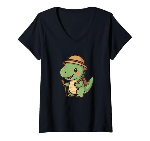 Damen Tiny Raptor Explorer Niedliches Kawaii Dino-Abenteuer T-Shirt mit V-Ausschnitt von Cute Animal by Lumi Art