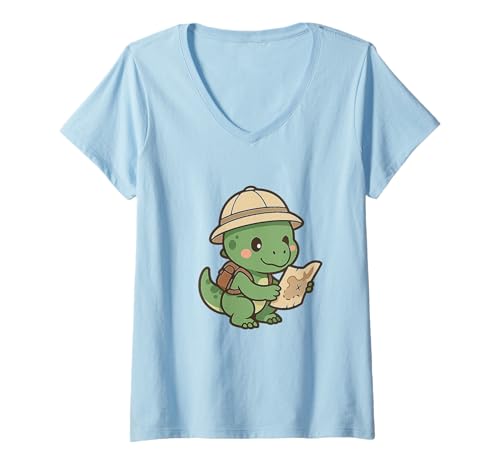 Damen Tiny Raptor Explorer Niedliches Kawaii Dino-Abenteuer T-Shirt mit V-Ausschnitt von Cute Animal by Lumi Art