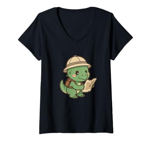 Damen Tiny Raptor Explorer Niedliches Kawaii Dino-Abenteuer T-Shirt mit V-Ausschnitt von Cute Animal by Lumi Art