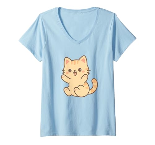 Damen Verspielte Kawaii-Katzen-Zeichnung. Cartoon-Haustierkunst. T-Shirt mit V-Ausschnitt von Cute Animal by Lumi Art
