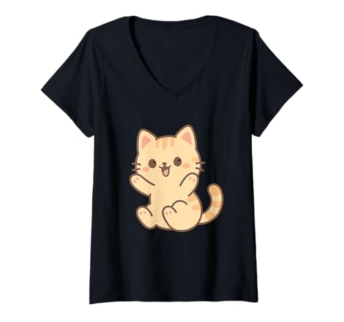 Damen Verspielte Kawaii-Katzen-Zeichnung. Cartoon-Haustierkunst. T-Shirt mit V-Ausschnitt von Cute Animal by Lumi Art