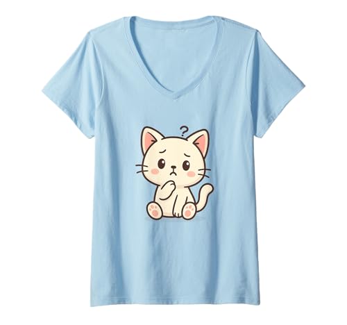Damen Verwirrte Kawaii-Katzenzeichnung Niedliches Tier-Kunstwerk. T-Shirt mit V-Ausschnitt von Cute Animal by Lumi Art