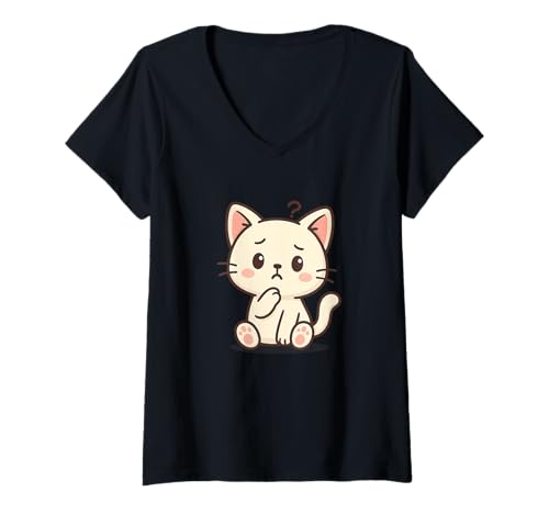 Damen Verwirrte Kawaii-Katzenzeichnung Niedliches Tier-Kunstwerk. T-Shirt mit V-Ausschnitt von Cute Animal by Lumi Art
