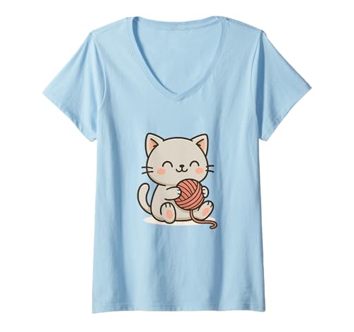 Damen Weiße Kawaii-Katzen-Zeichnung Niedliches Tier-Kunstwerk. T-Shirt mit V-Ausschnitt von Cute Animal by Lumi Art