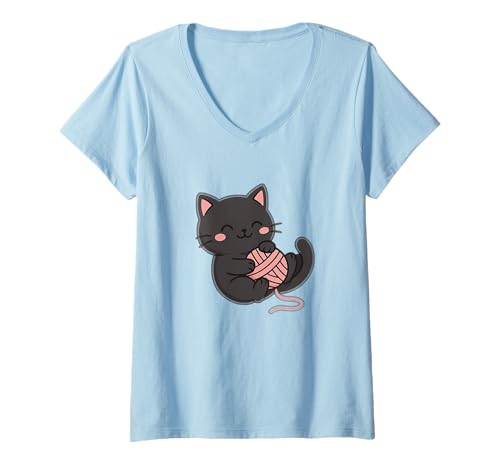 Damen Weiße Kawaii-Katzen-Zeichnung Niedliches Tier-Kunstwerk. T-Shirt mit V-Ausschnitt von Cute Animal by Lumi Art