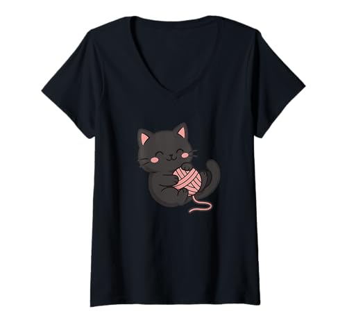 Damen Weiße Kawaii-Katzen-Zeichnung Niedliches Tier-Kunstwerk. T-Shirt mit V-Ausschnitt von Cute Animal by Lumi Art