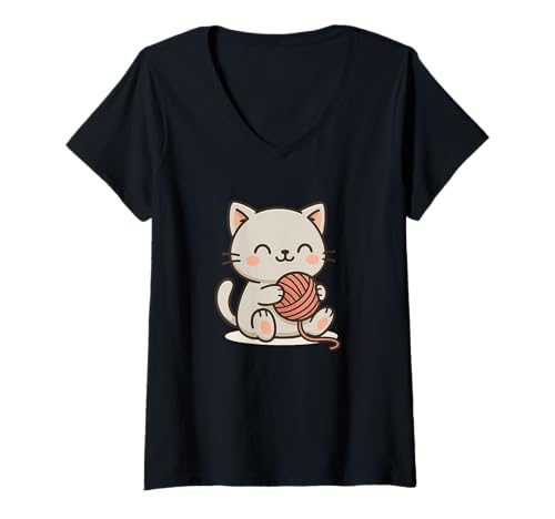Damen Weiße Kawaii-Katzen-Zeichnung Niedliches Tier-Kunstwerk. T-Shirt mit V-Ausschnitt von Cute Animal by Lumi Art