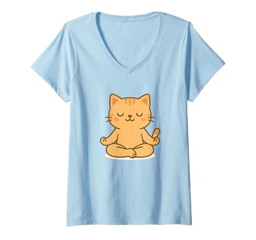 Damen Yoga Kawaii Katze Süße Katze in Meditationspose T-Shirt mit V-Ausschnitt von Cute Animal by Lumi Art
