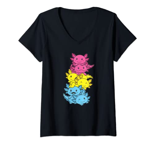 Damen Pansexuelle Flagge Pan Pride LGBTQ Axolotl T-Shirt mit V-Ausschnitt von Cute Animals LGBTQ+ Pride Month