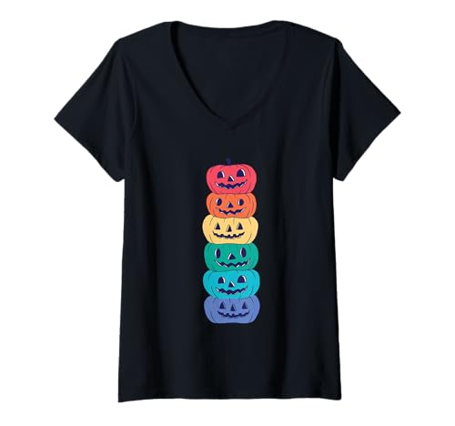 Damen Regenbogen-Flagge Gay Pride Lgbtq Halloween Kürbis T-Shirt mit V-Ausschnitt von Cute Animals Lgbtq+ Pride Month