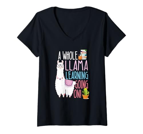 Damen A Whole Llama Learning Going On Book Reading School Llama T-Shirt mit V-Ausschnitt Damen A Whole Llama Learning Going On Book Reading School Llama T-Shirt mit V-Ausschnitt von Cute Animals Love To Learn