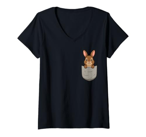 Damen Brusttasche Bunny Cute Rabbit Cartoon Animal Lovers T-Shirt mit V-Ausschnitt Damen Brusttasche Bunny Cute Rabbit Cartoon Animal Lovers T-Shirt mit V-Ausschnitt von Cute Animals in Chest Pocket For Animal Lovers