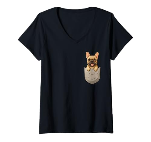 Damen Niedliche französische Bulldogge Brusttasche Hundeliebhaber T-Shirt mit V-Ausschnitt Damen Niedliche französische Bulldogge Brusttasche Hundeliebhaber T-Shirt mit V-Ausschnitt von Cute Animals in Chest Pocket For Animal Lovers