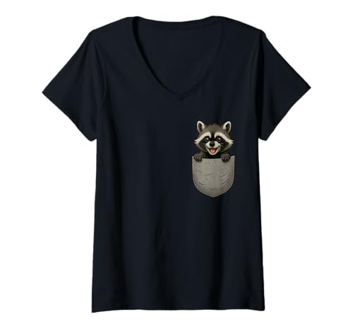 Damen Verspielter Waschbär in Brusttasche für Tierliebhaber T-Shirt mit V-Ausschnitt Damen Verspielter Waschbär in Brusttasche für Tierliebhaber T-Shirt mit V-Ausschnitt von Cute Animals in Chest Pocket For Animal Lovers