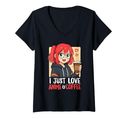 Damen Ich Liebe einfach Anime & Coffee EIN süßes Japanisches Mädchen Otaku T-Shirt mit V-Ausschnitt Damen Ich Liebe einfach Anime & Coffee EIN süßes Japanisches Mädchen Otaku T-Shirt mit V-Ausschnitt von Cute Anime Girl With Coffee Japanese Cartoon