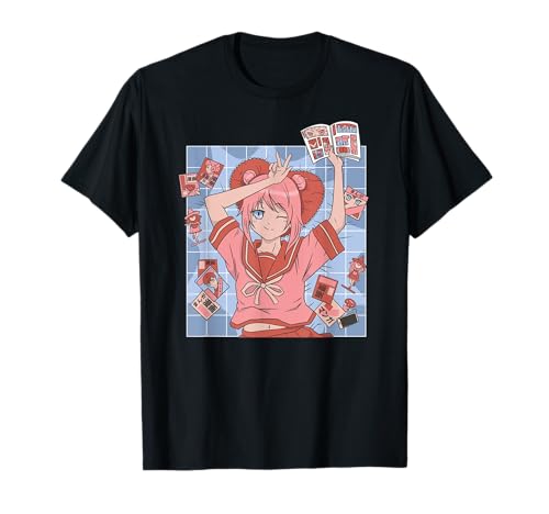 Niedliches Anime-Motiv Kawaii-Mädchen mit Comicbüchern T-Shirt Niedliches Anime-Motiv Kawaii-Mädchen mit Comicbüchern T-Shirt von Cute Anime Kawaii Girl with Comic Books