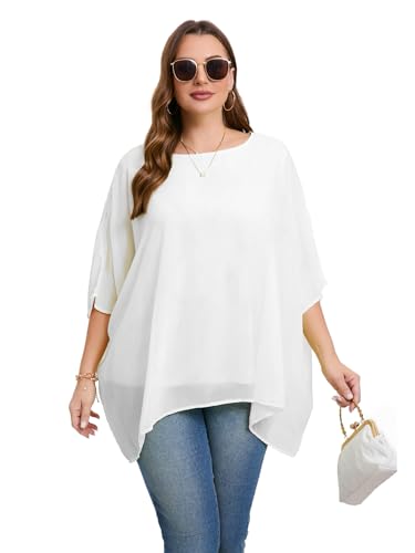 Cute Ann Damen 3/4 Fledermausärmel Übergröße Elegant Sommer Cape Bluse U-Ausschnitt Oversized Lange Casual Tunika Tops Shirts, Weiss/opulenter Garten, 4X von Cute Ann