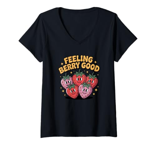Damen Feeling Berry Good Erdbeerfrucht-Design für Beerenliebhaber T-Shirt mit V-Ausschnitt von Cute Art