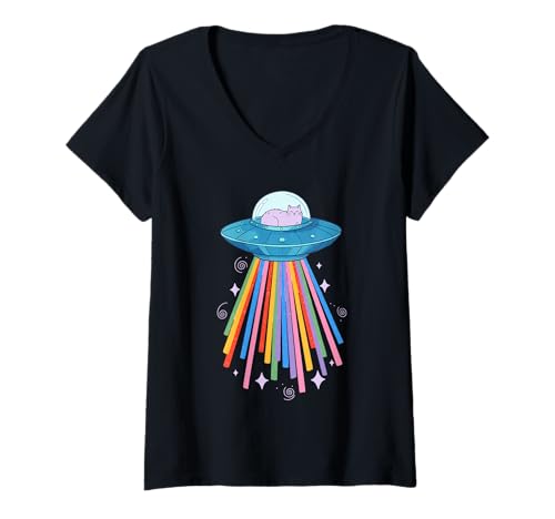 Damen Lustige Alien-Katze UFO Grafik Raumschiff Retro Ästhetisches Kätzchen T-Shirt mit V-Ausschnitt Damen Lustige Alien-Katze UFO Grafik Raumschiff Retro Ästhetisches Kätzchen T-Shirt mit V-Ausschnitt von Cute Astronomy Cat Graphic