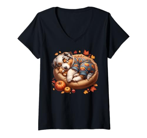 Damen Australian Shepherd for Fall Women for Autumn Aussie Dog Mom T-Shirt mit V-Ausschnitt von Cute Australian Shepherd Must Haves For Fall Women